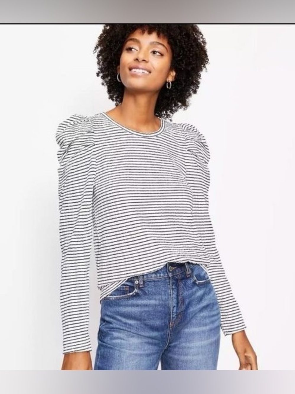 LOFT Black & White Striped Puff-Sleeve Long Sleeve Top